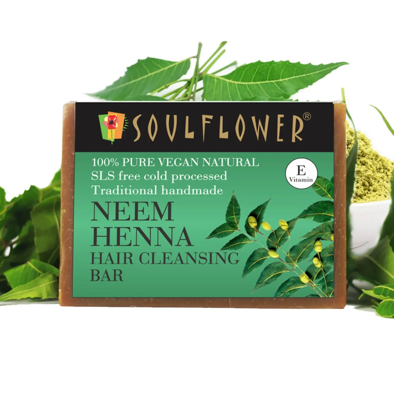 Soulflower Neem Henna Hair Cleansing Bar for dandruff free, soft, shiny & healthy hair., 100% Pure & Natural, Handmade, SLS Free, Cold Processed, 150g