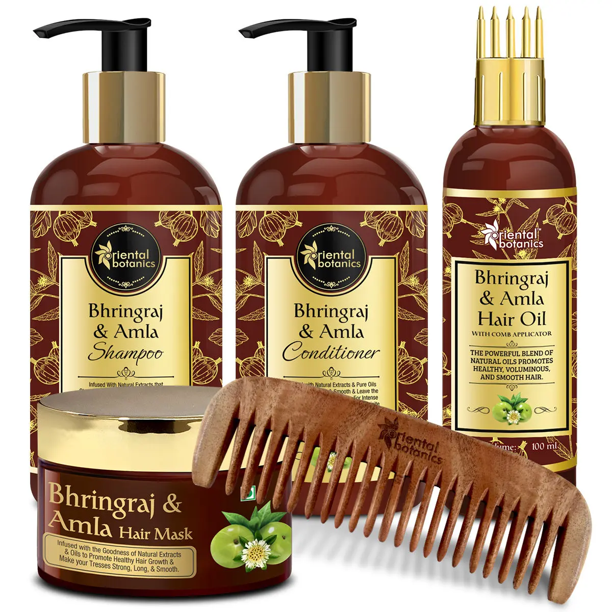 Oriental Botanics Bhringraj & Amla Hair Shampoo 300ml + Conditioner 300ml + Hair Mask 200ml + Hair Oil 100ml (Comb Applicator) + Neem Comb