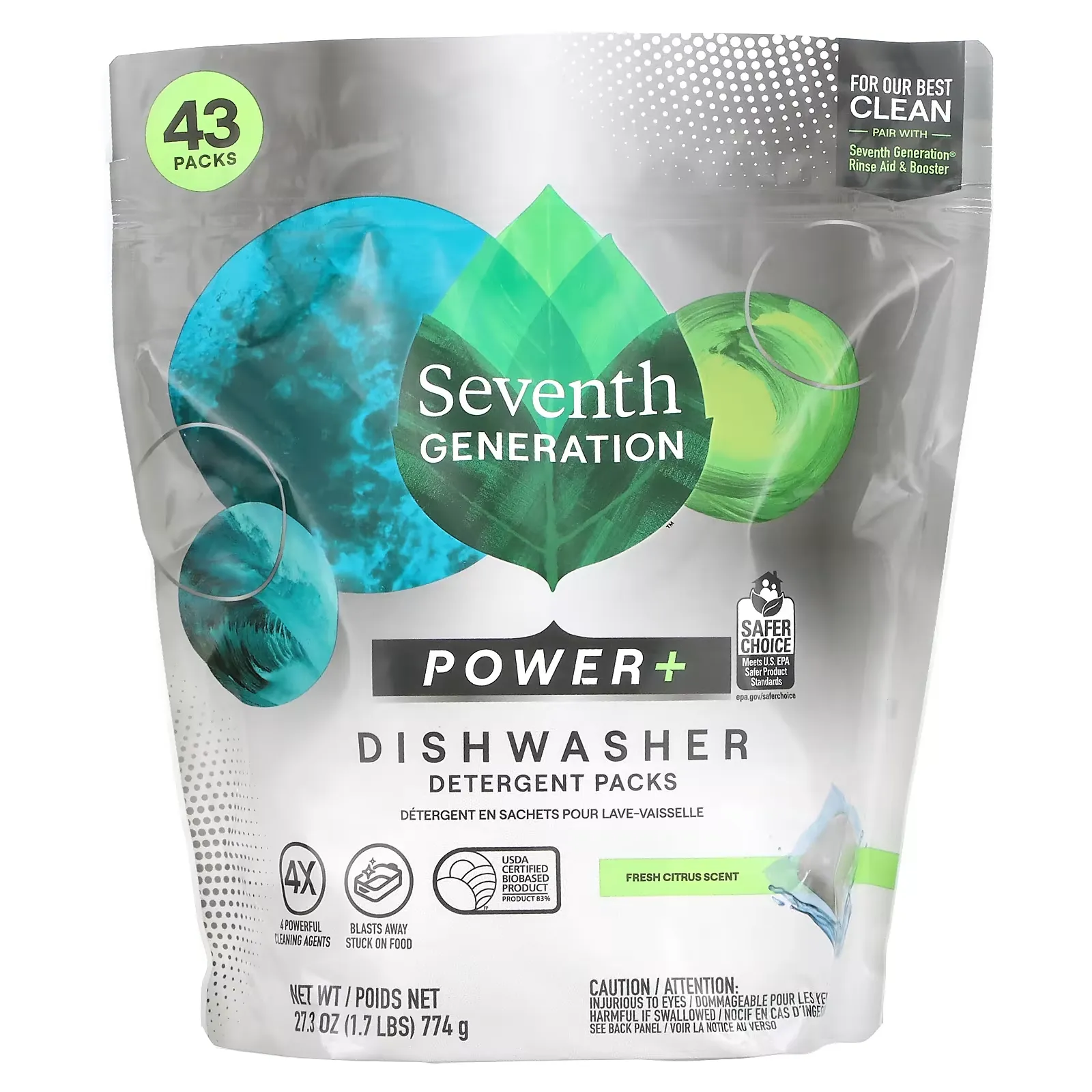 Power +, Dishwasher Detergent Packs, Fresh Citrus, 43 Packs, 1.7 lbs (774 g)