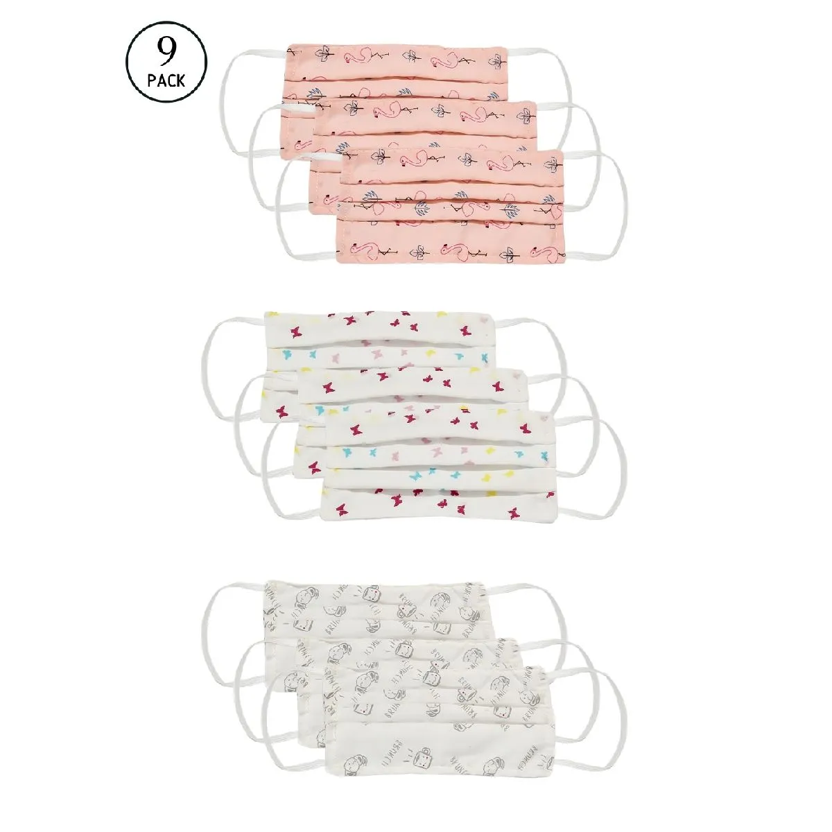 Bellofox Flamingo, Butterflies And Brunch 3-layer 3-ply Cotton Face Mask (set Of 9)