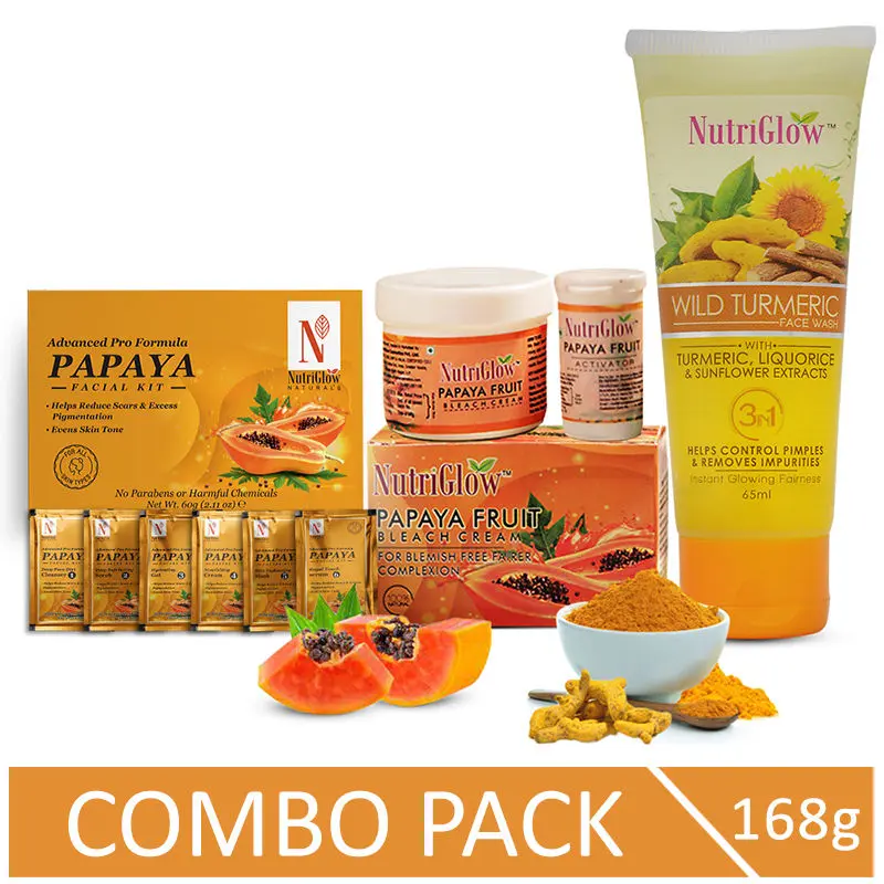 NutriGlow NATURAL'S Advanced Pro Formula Papaya Facial Kit (60 gm)/ Bleach Cream (43 gm) & Turmeric Face wash (65 ml) For Skin Blemishes Correction