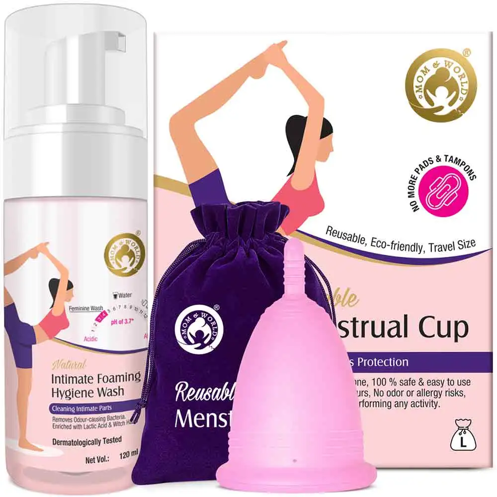 Mom & World Natural Intimate Foaming Feminine Hygiene Wash,  120 ml  + Reusable Menstrual Cup (Large)