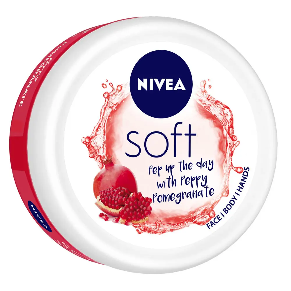 NIVEA Soft Light Moisturizer Cream, Peppy Pomegranate, with Vitamin E & Jojoba Oil for Face, Hands and Body, (100 ml)