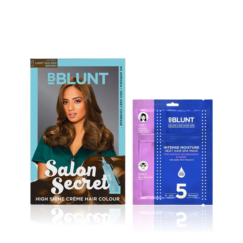 BBLUNT Salon Secret High Shine Creme Hair Colour Light Golden Brown 5.32 (100 g) With Shine Tonic (8 ml)+BBLUNT Intense Moisture Heat Hair Spa Mask with Jojoba Oil & Vitamin E - 70 gm