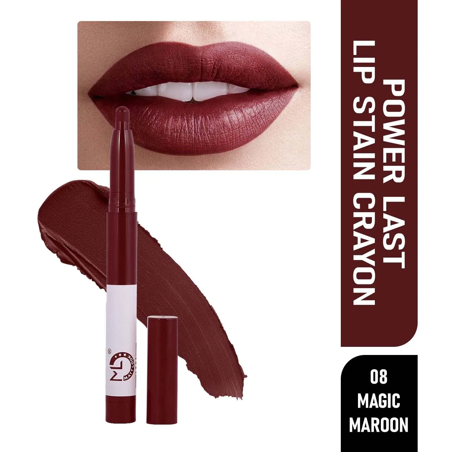 Matt look Power Last Lip Stain Crayon Lipstick, Rich Colour, Non Transfer, Mask Proof & Luxurious Creamy Matte, Magic Maroon (1.3 gm)