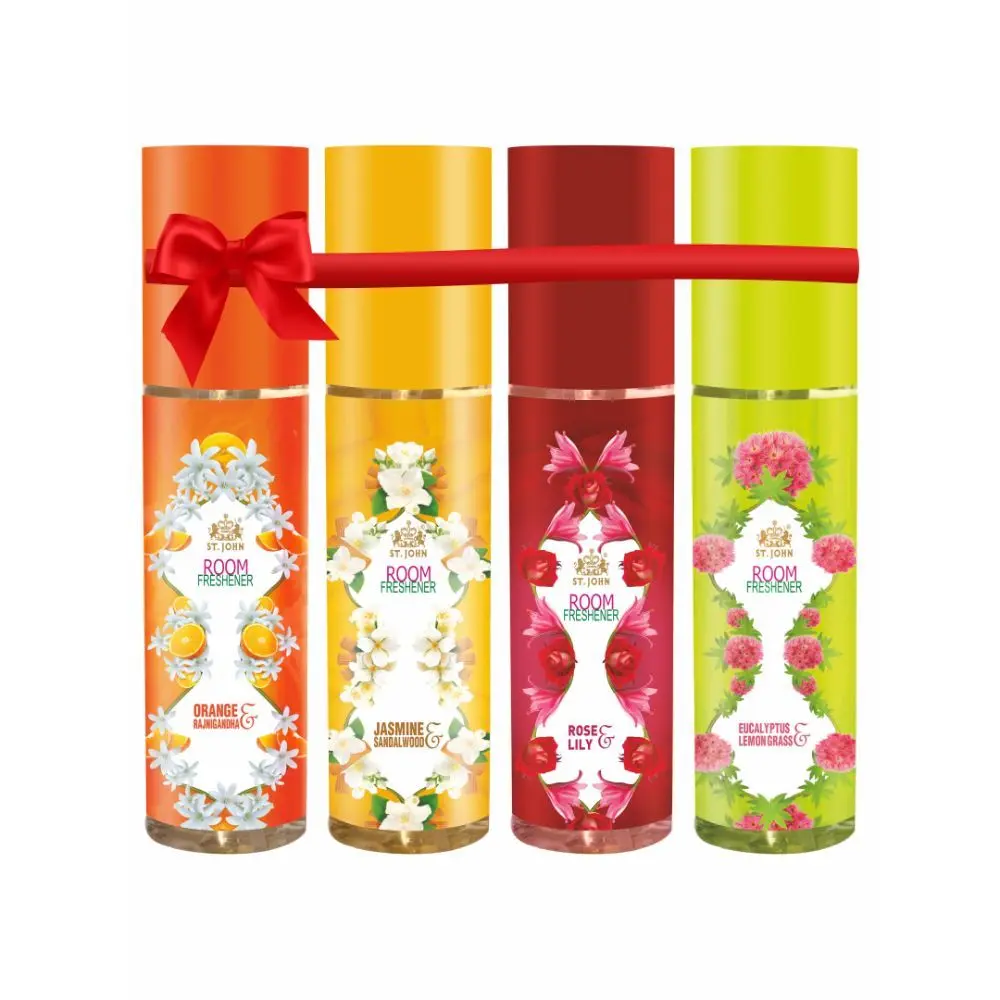ST-JOHN Room Freshener Spray for Home and Office -Orange Rajnigandha, Jasmine Sandalwood & Rose Lilly for Long Lasting Fragrance 250ml Each (Pack of 3)