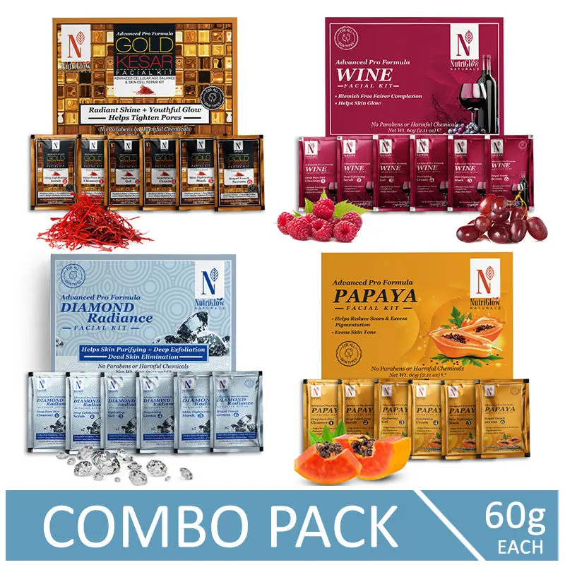 NutriGlow NATURAL'S Advanced Pro Formula Pack of 4 Facial Kit: Diamond Radiance/ Gold Kesar/ Papaya & Wine Facial Kit, 60 gm each