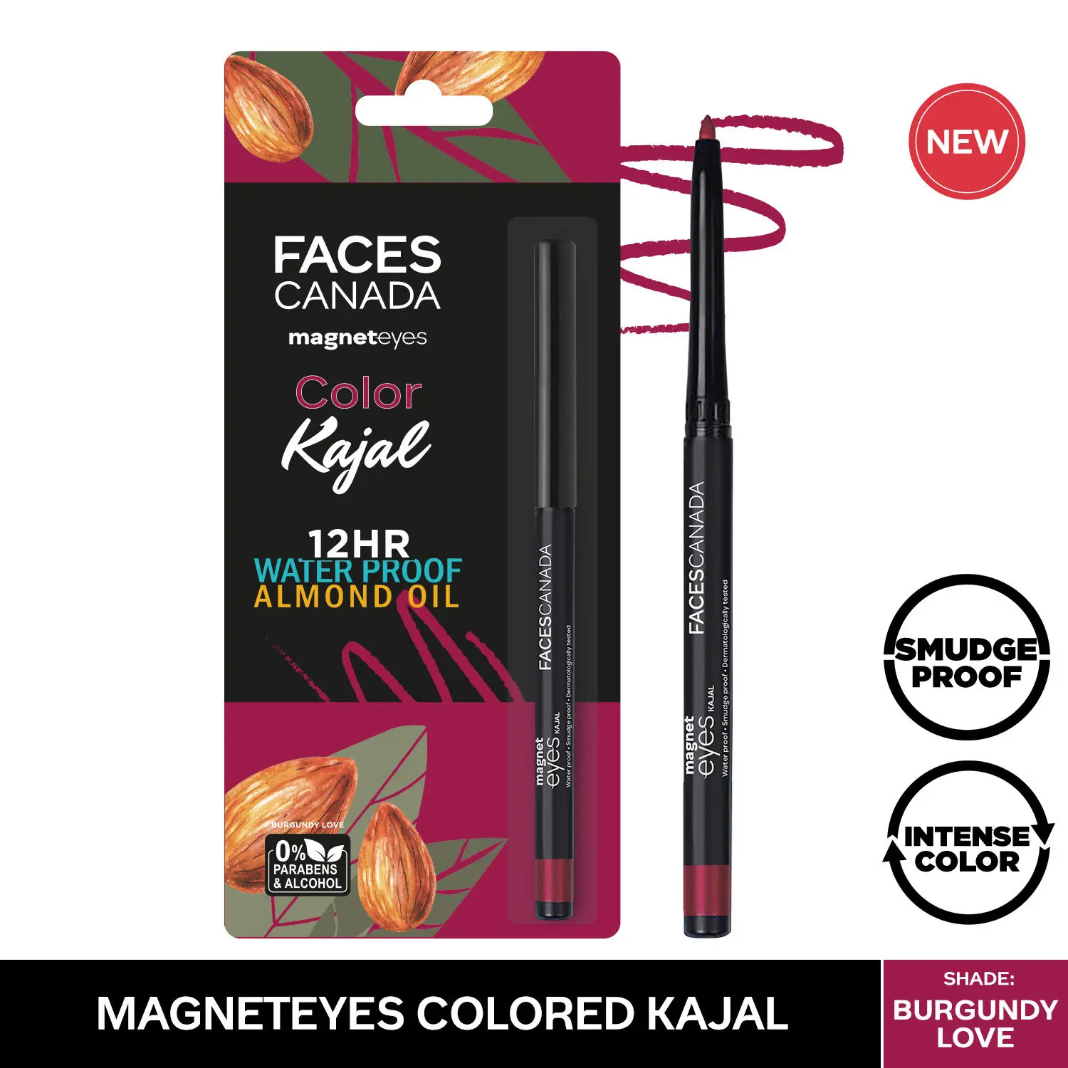 Faces Canada Magneteyes Kajal Waterproof, 24hrs Long Stay, Smudgeproof, Fadeproof, Almond Oil enriched, One Stroke Smooth Glide Burgundy Love 04 (0.25 g)