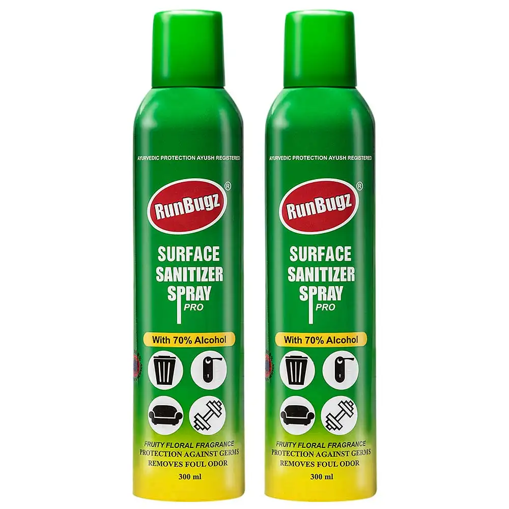 RunBugz Surface Sanitizer Spray Pro with 70% Alcohol,  Fruity Floral  300 ml  Protection from Germs (Pack of 2)