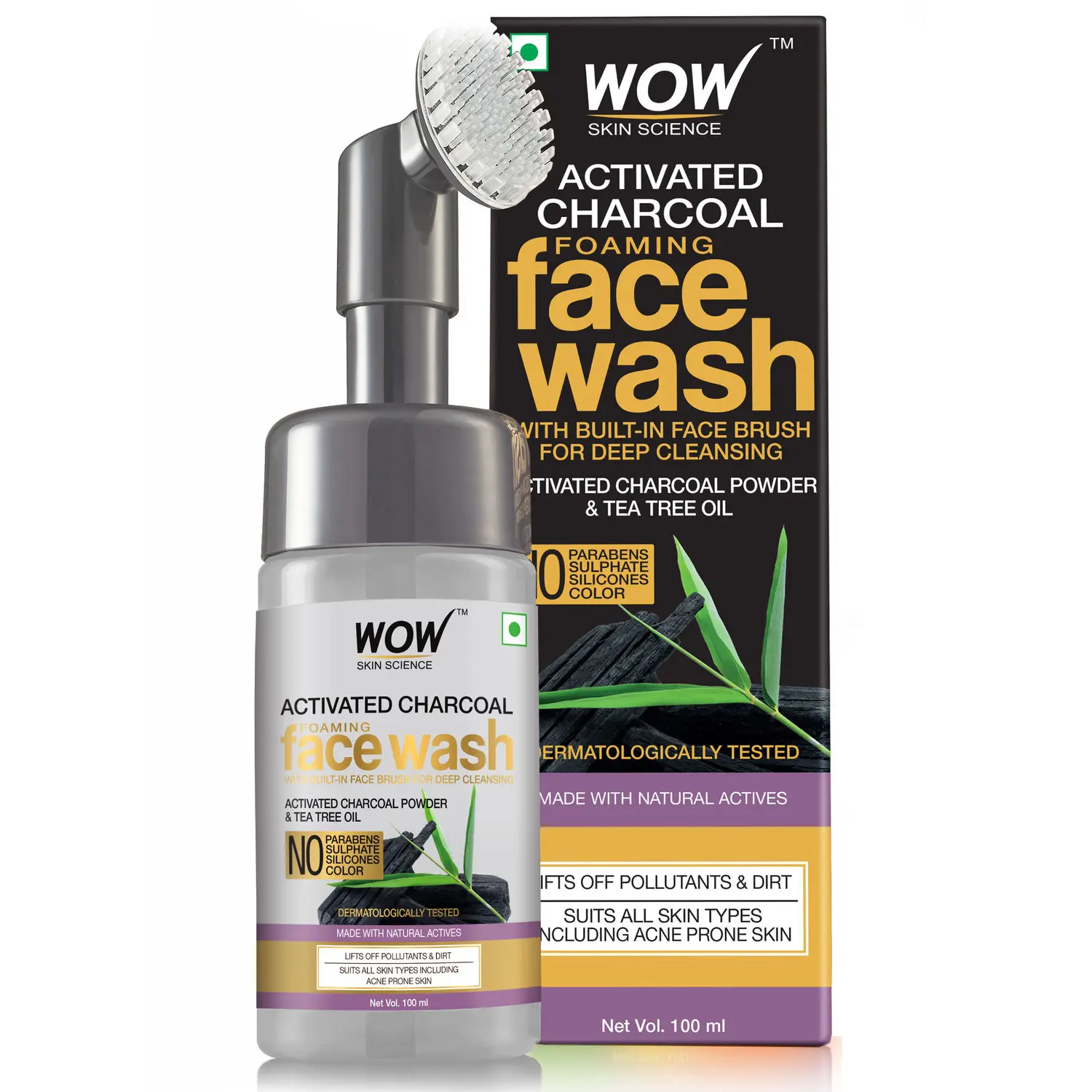 WOW Skin Science Charcoal Foaming Face Wash with Built-In Face Brush (150 ml)