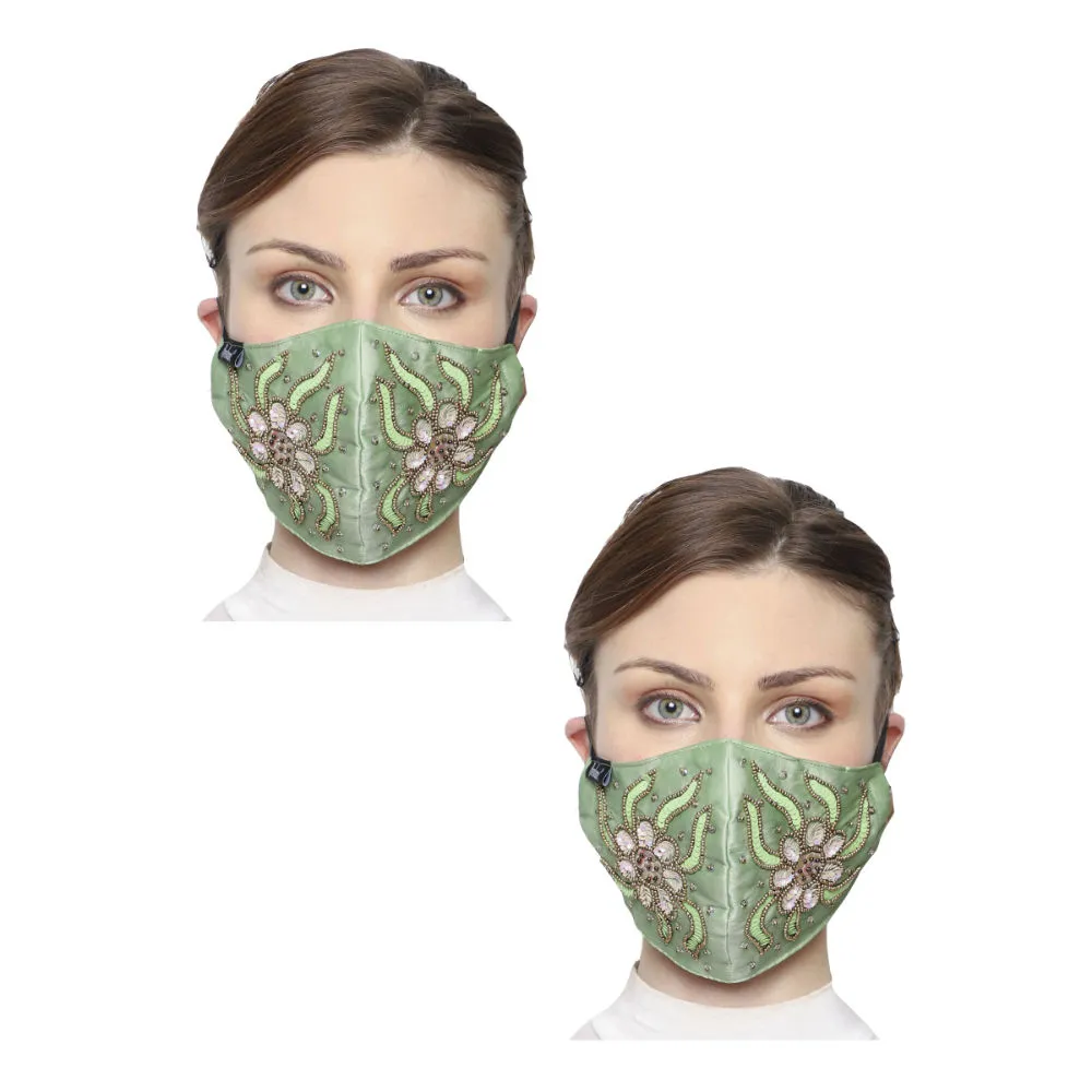 Anekaant Pack Of 2 Pastel Green & Gold 3-Ply Art Silk Embellished Fabric Fashion Mask