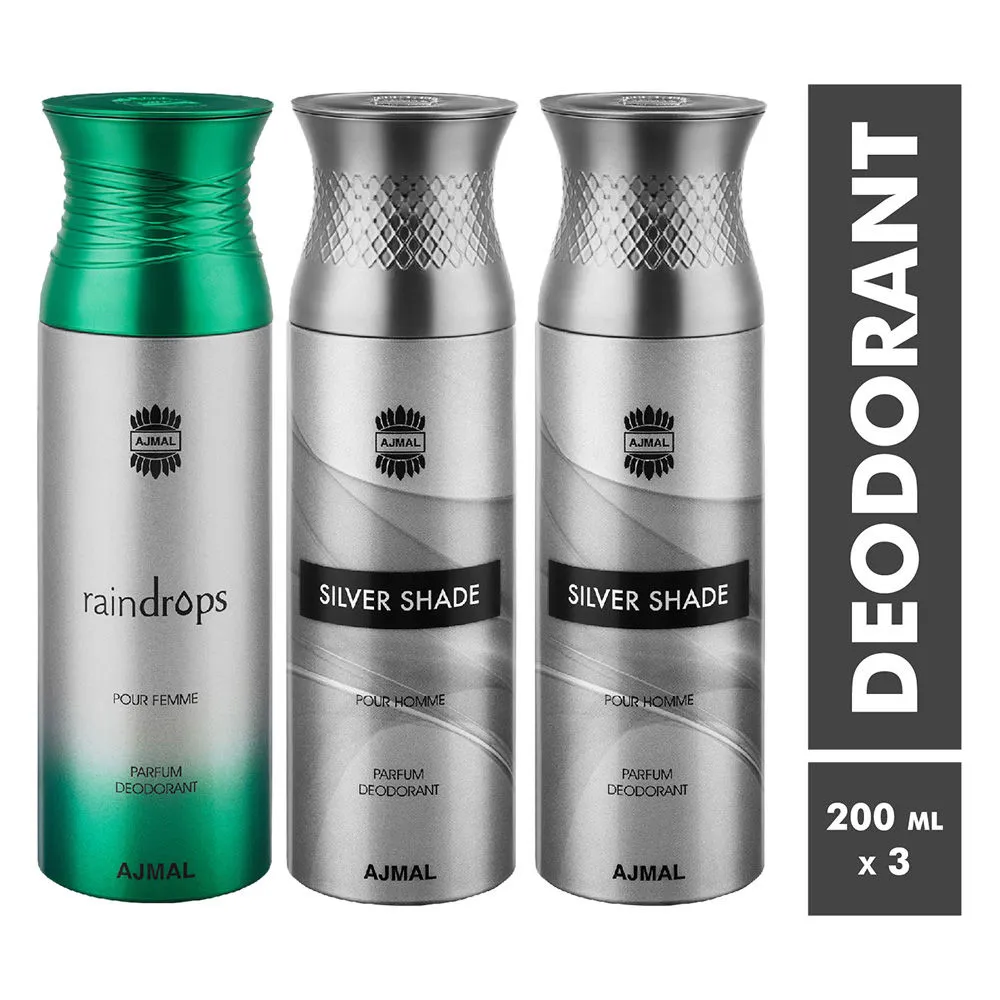 Ajmal Raindrops & Silver Shade Parfum Deodorant For Men and Women - Pack Of 3