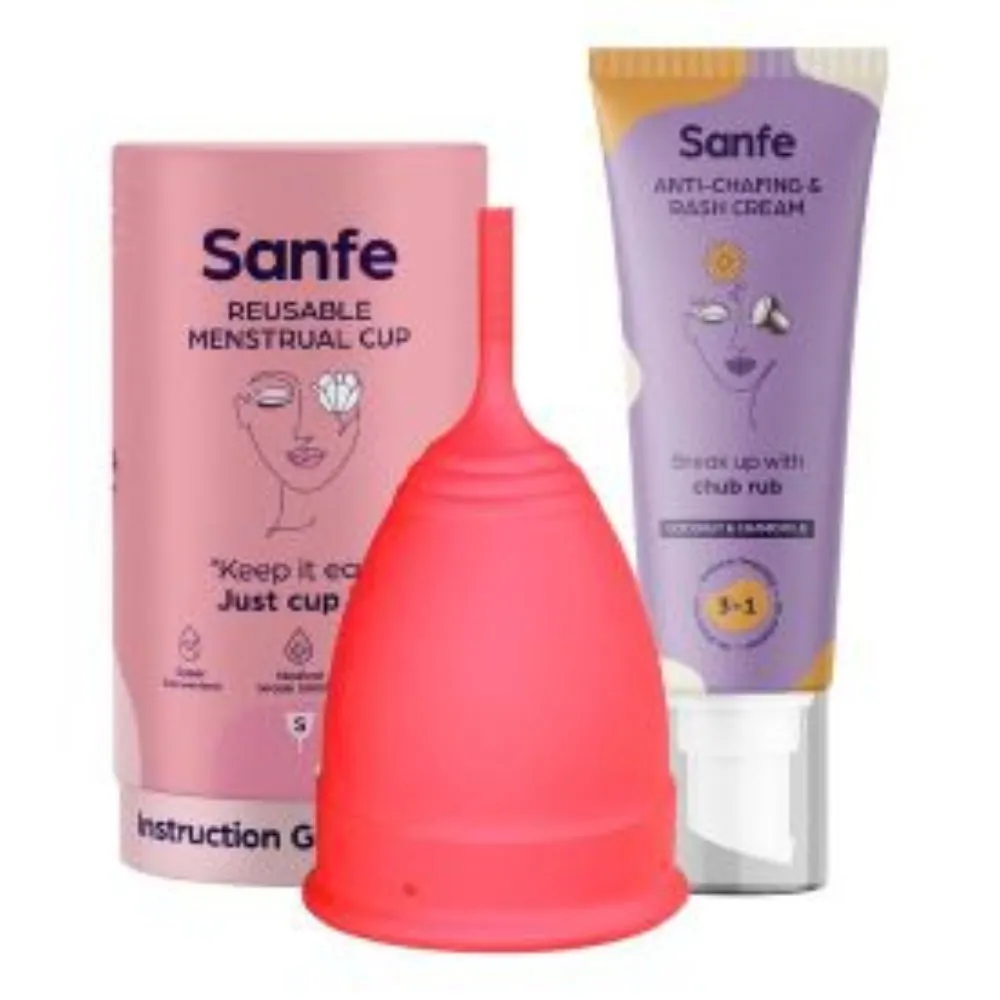 Sanfe Curve Confidence Kit - Anti-Chafing & Rash Cream, Reusable Menstrual Cup (Medium)