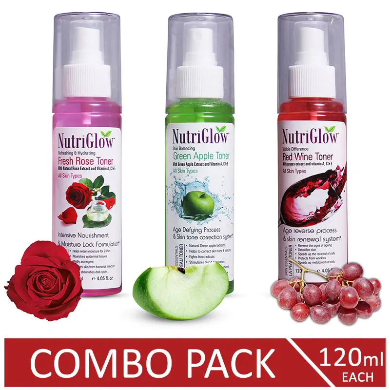 NutriGlow Combo of 3 Toner- Fresh Rose/ Green Apple & Red Wine For Detoxifies Skin & Tightens Pores (120ml each)