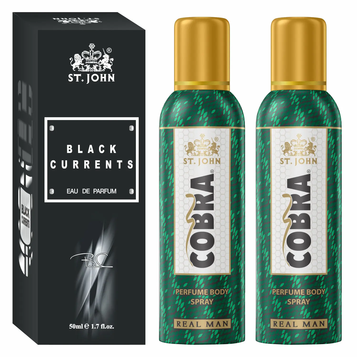 ST-JOHN Cobra Deodrant No Gas Real Man Pack of 2 100ml each & Black Current 50ml Combo Perfume Body Spray - For Men & Women (250 ml, Pack of 2)