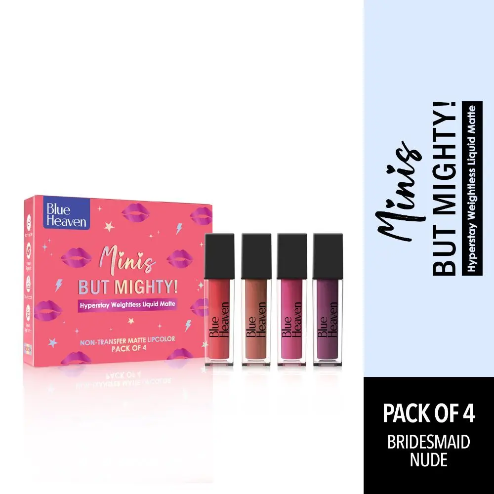 Blue Heaven Minis But Mighty Hyperstay Weightless Liquid Matte Lipstick- Bridesmaid Nude Shade Kit, Pack of 4, 6ml