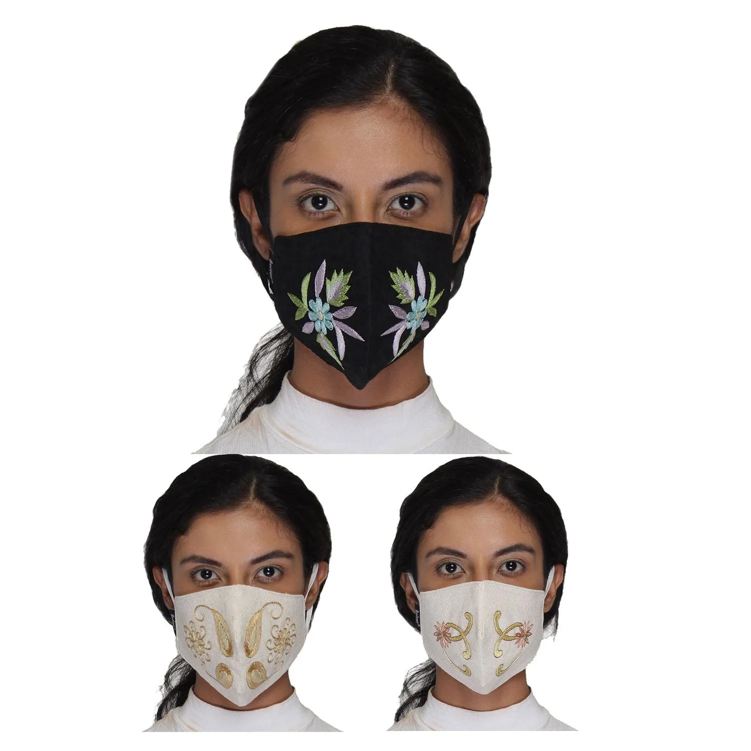 Anekaant Multicolor Reusable 3-Ply Cotton Embroidered Fabric Fashion Mask (Pack Of 3)