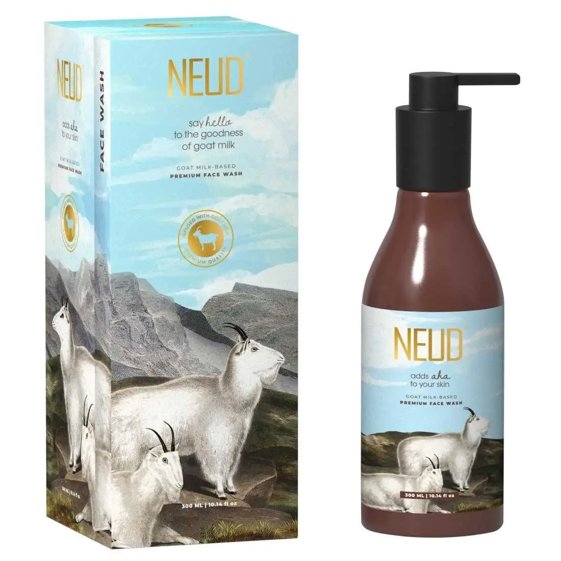 NEUD Goat Milk Premium Face Wash For Men & Women, 300 ml with free water-resistant multi-purpose zipper pouch