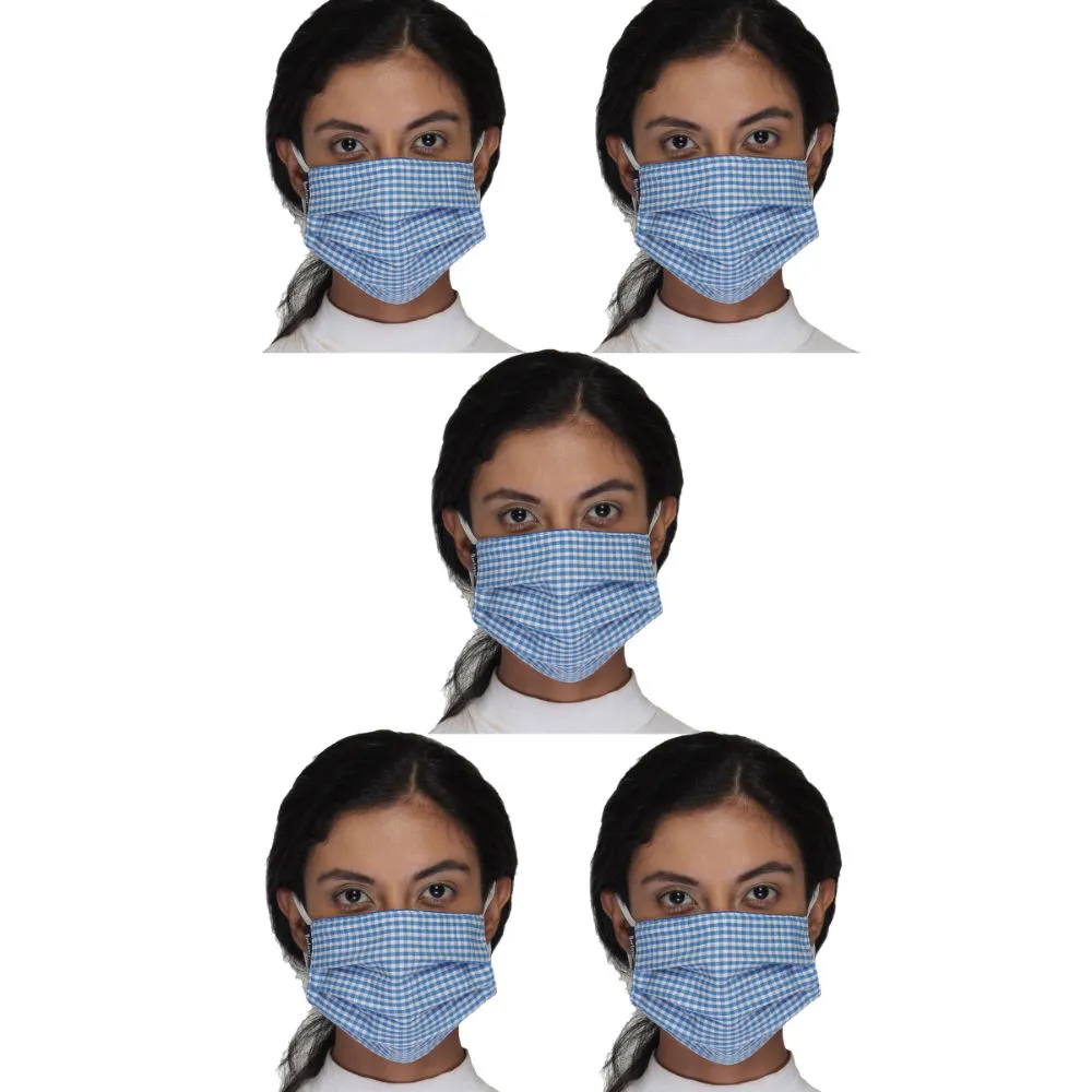 Anekaant Pack Of 5 Blue & White 3-Ply Reusable Checkered Cotton Fabric Fashion Mask