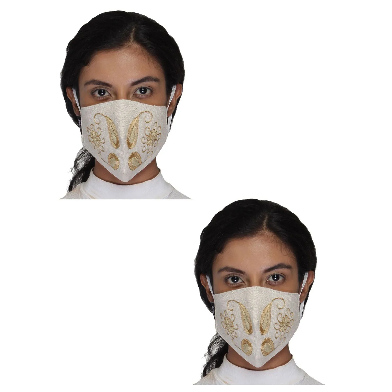 Anekaant Ivory & Mustard Reusable 3-Ply Cotton Embroidered Fabric Fashion Mask (Pack Of 2)