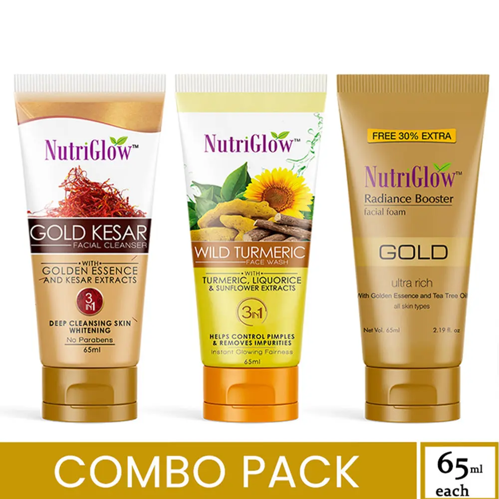 NutriGlow Combo of 3 Face Wash- Gold Kesar (65 ml)/ Wild Turmeric (65 ml) & Gold Radiance Booster (65 ml) For Instant Glowing Fairness