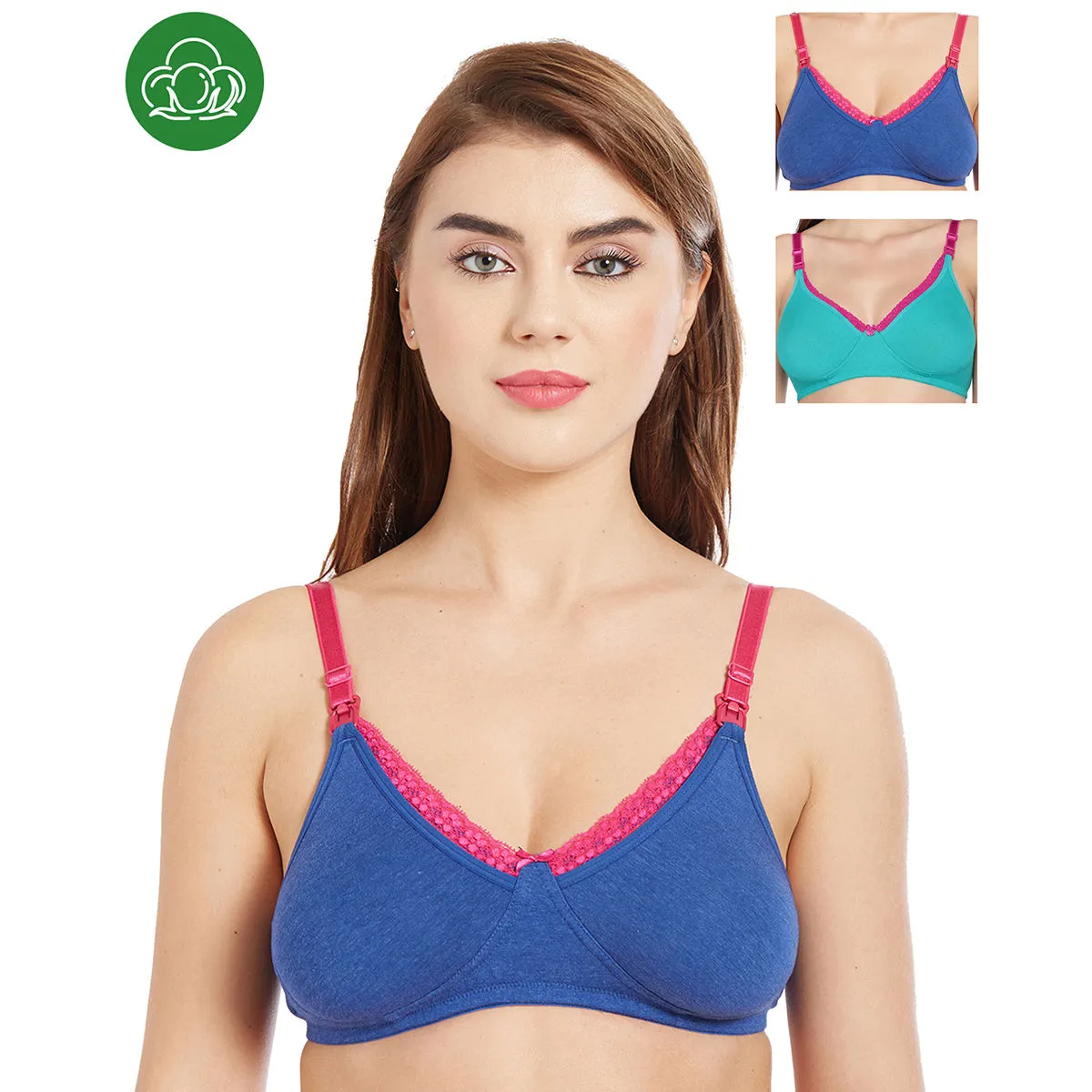 Inner Sense Organic Cotton Antimicrobial Laced Nursing Bra Pack of 3 - Multi-Color