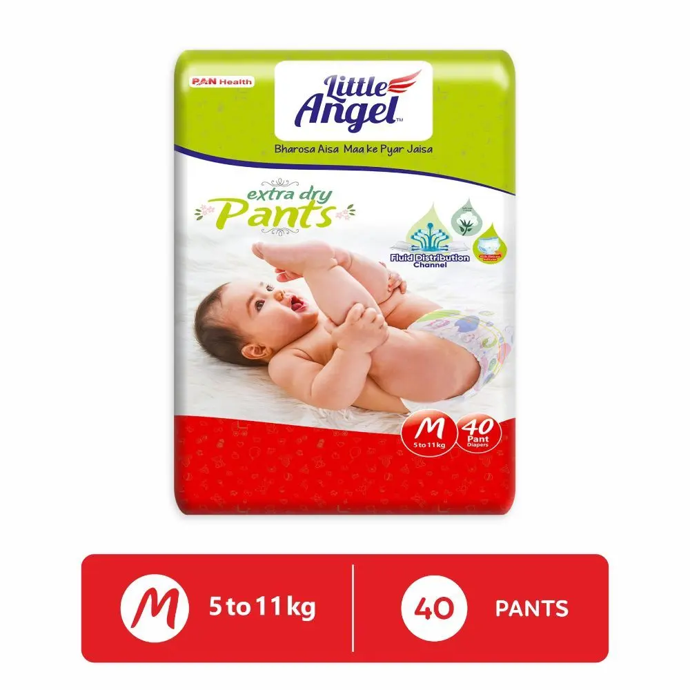 Little Angel Extra Dry Baby Pants Diaper, Medium (M) Size, 40 Count, Super Absorbent Core Up to 12 Hrs. Protection, Soft Elastic Waist Grip & Wetness Indicator, Pack of 1, Upto 5-11kg