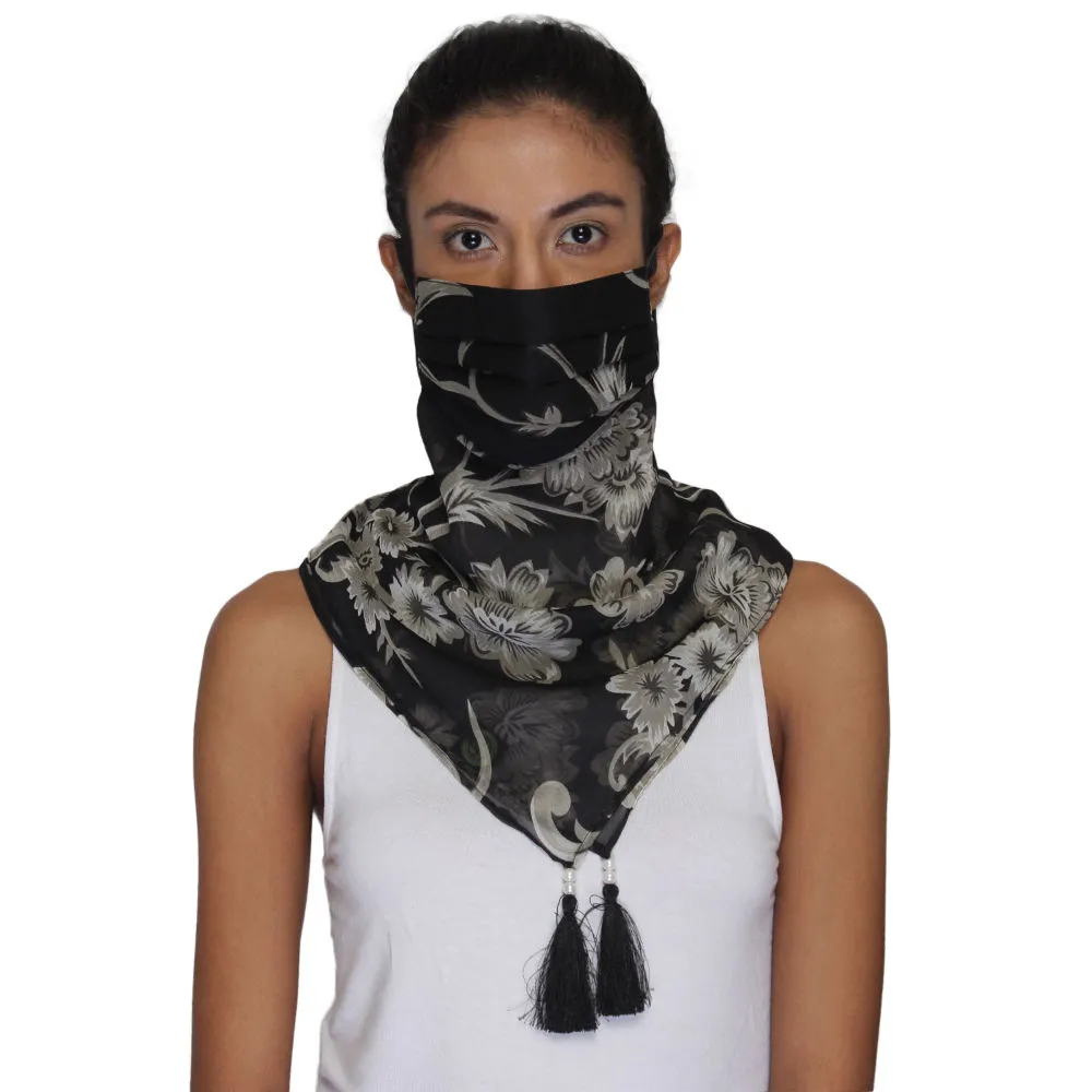 Anekaant 3-Ply Reusable Black & White Floral Printed Poly Chiffon Tesselled Scarf Style Fashion Mask