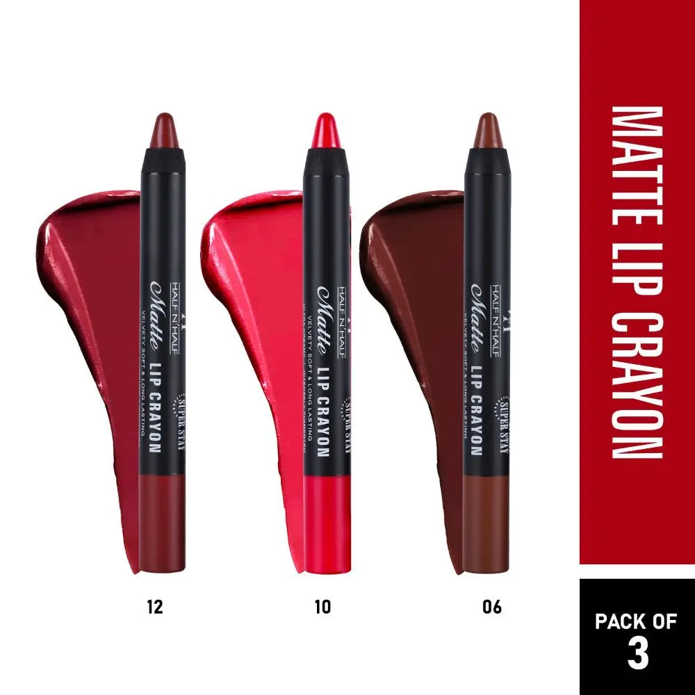 Half N Half Matte Lip Crayon Velvet Soft & Long Lasting, 24h Super Stay, Midnight Purple, Rani & Hot Chocolate, PO3 (10.5gm)