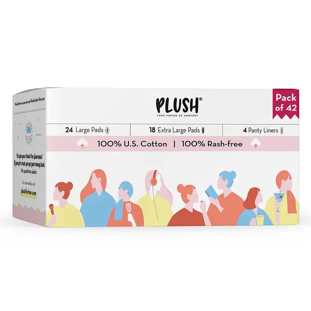 Plush Ultra Thin Sanitary Pads - Pack of 42 | 100% U.S Cotton , 100% Rashfree