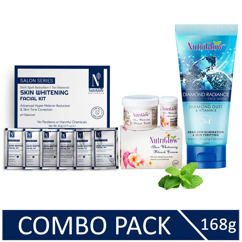 NutriGlow NATURAL'S Advanced Pro Formula Combo of 3 Skin Whitening Facial Kit (60 gm)/ Bleach Cream (43 gm) & Diamond Face wash (65 ml)