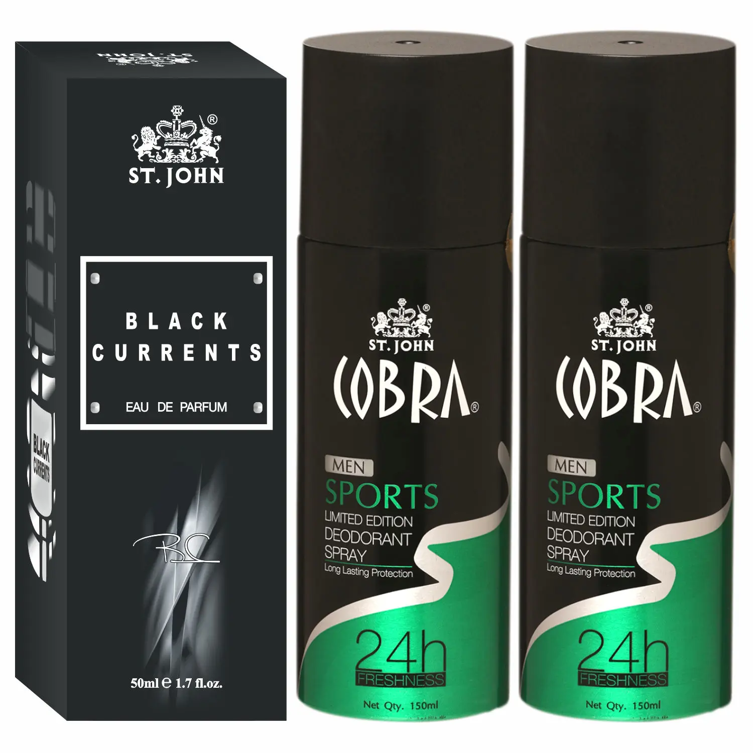 ST-JOHN Cobra Deodrant Sports150ml Pack of 2& Black Current 50ml Perfume Combo Gift Pack Perfume Body Spray - For Men & Women (350 ml, Pack of 3)