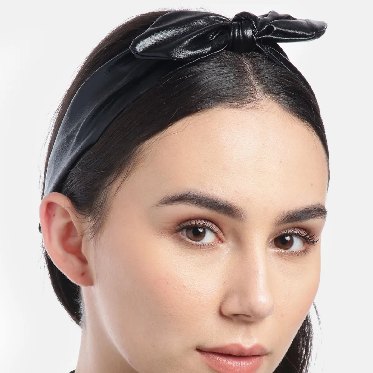 Blueberry Solid Black Leather Bunny Knot Hair Band