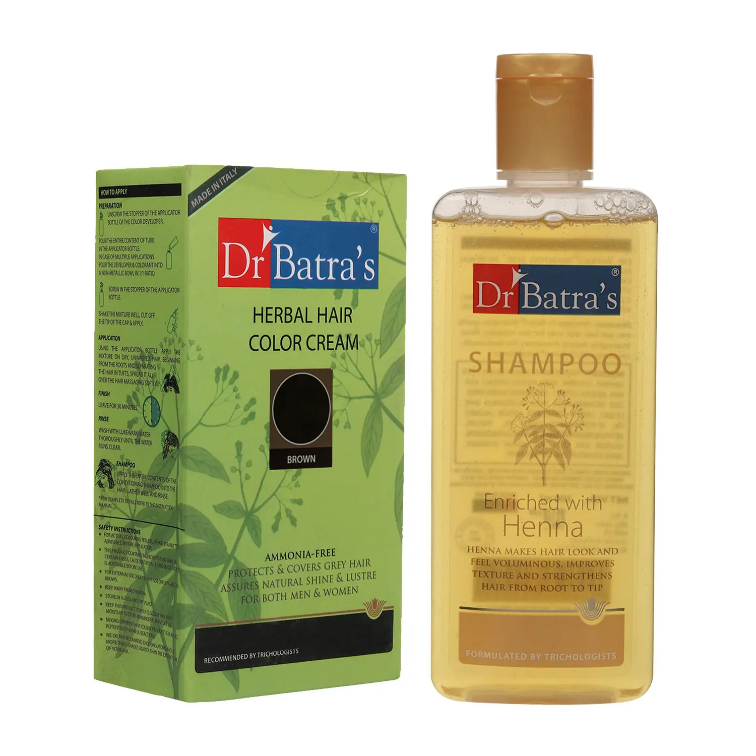 Dr Batra's Herbal Hair Color Cream Brown 130 G and Normal Shampoo 200 ml (Pack of 2 Men and Women)