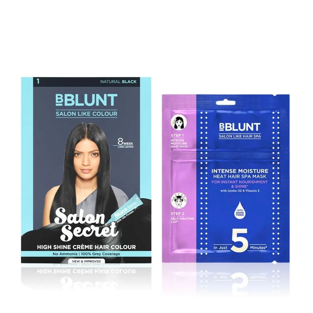 BBlunt Salon Secret High Shine Creme Hair Colour - Natural Black (152 ml) + BBLUNT Intense Moisture Heat Hair Spa Mask with Jojoba Oil & Vitamin E - 70 gm