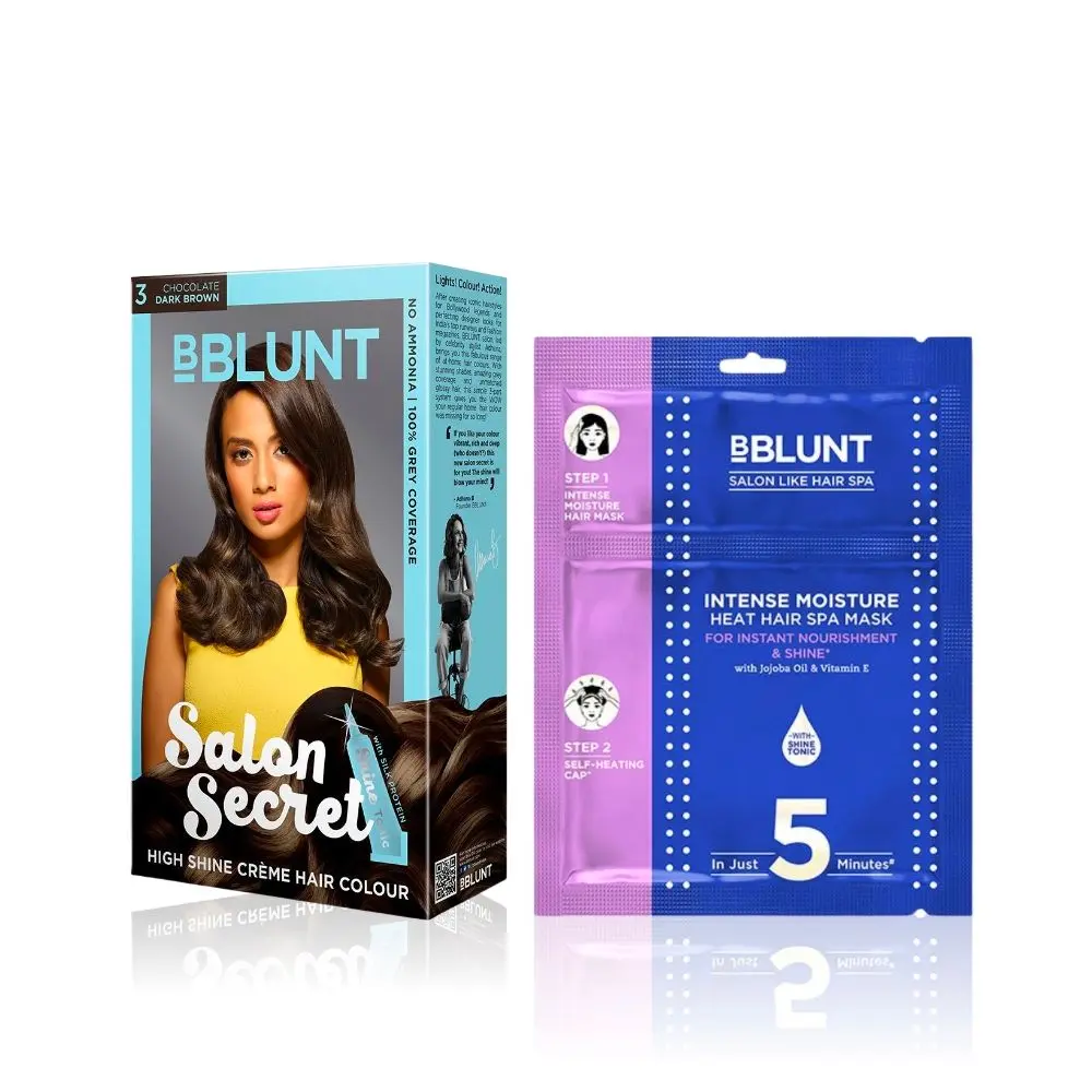 BBLUNT Salon Secret High Shine Creme Hair Colour - Chocolate Dark Brown 3. No Ammonia  ( 100 g+8ml)+Intense Moisture Hair Mask with Jojoba Oil & Vitamin E for Nourished & Shiny Hair - 250 g