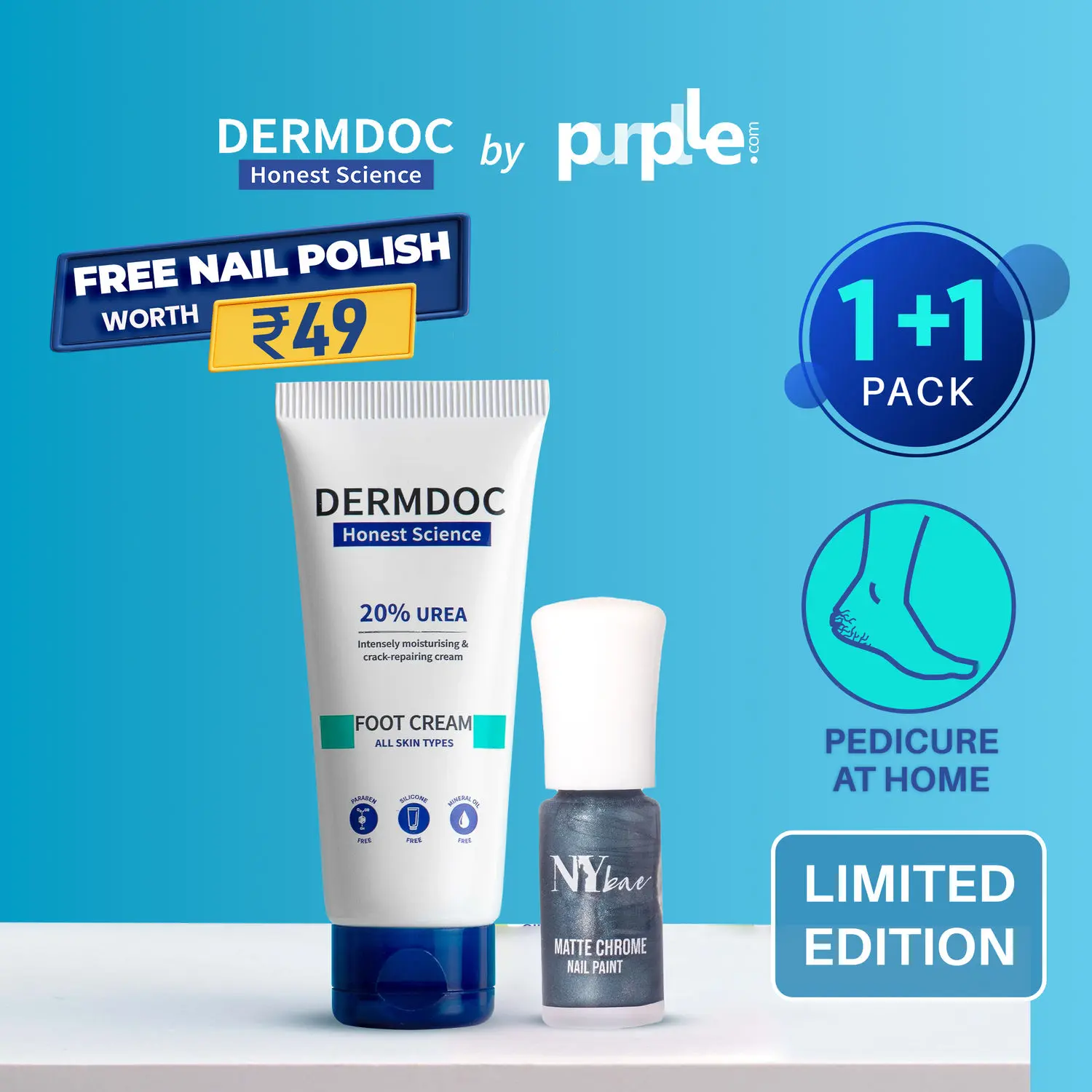 DERMDOC x NY Bae Combo Kit for Festive Ready Feet | 20% Urea Foot Cream (100g) + Free NY Bae Matte Creme Nail Paint - Blue Crepe (04) 3ml | crack repair cream | dry, cracked heels | foot peel | smooth feet | foot cracks | blue nail polish