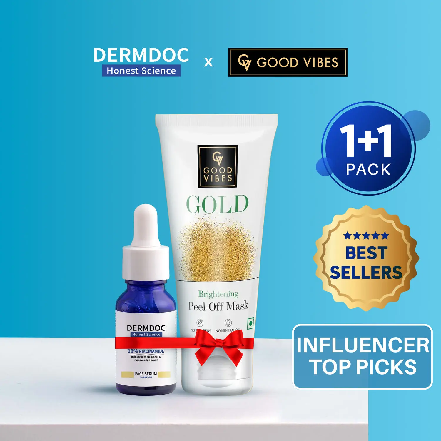 DERMDOC x Good Vibes Combo Kit of Brightening Influencer Picks | 10% niacinamide face serum 15ml + Gold Brightening Peel Off Mask (50g)