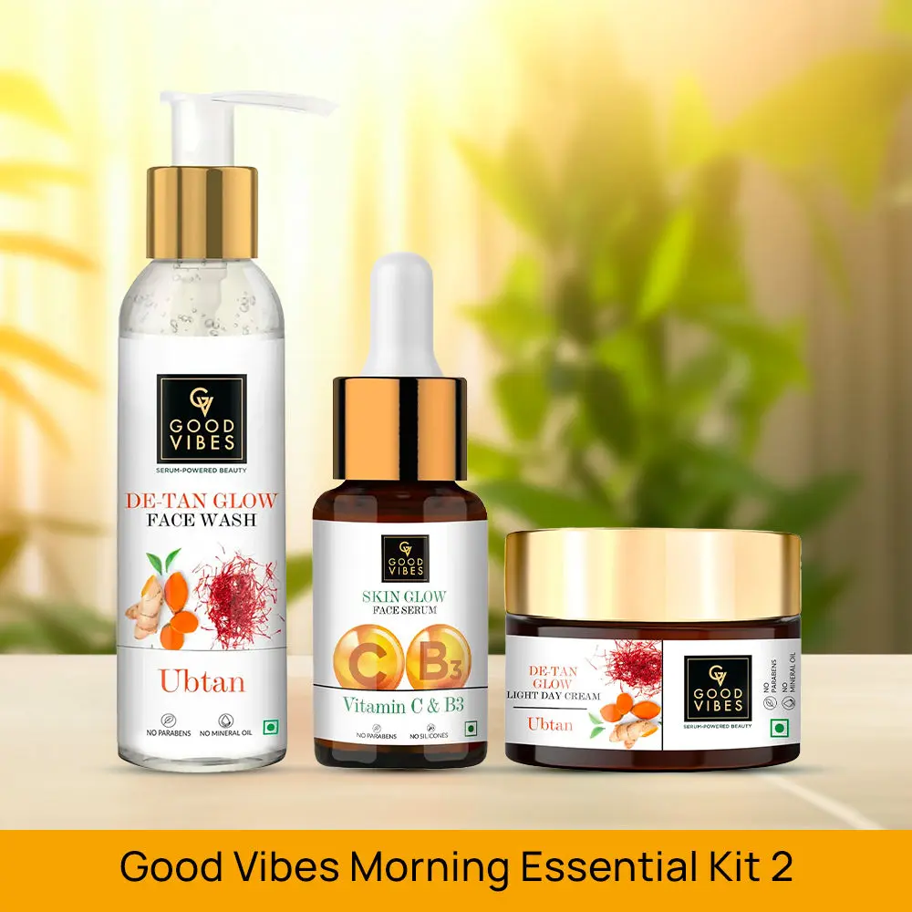 Good Vibes Morning Essential Kit 2 - Ubtan De Tan Glow Face Wash (120 ml) + Vitamin C & B3 Skin Glow Face Serum (10 ml) + Ubtan De-tan Glow Light Day Cream (50g)