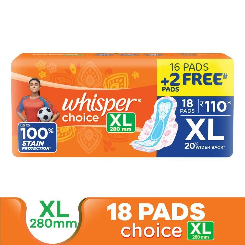 Whisper Choice XL thick Sanitary Pads - upto 100% Stain protection with side safe Wings, 18 Pads