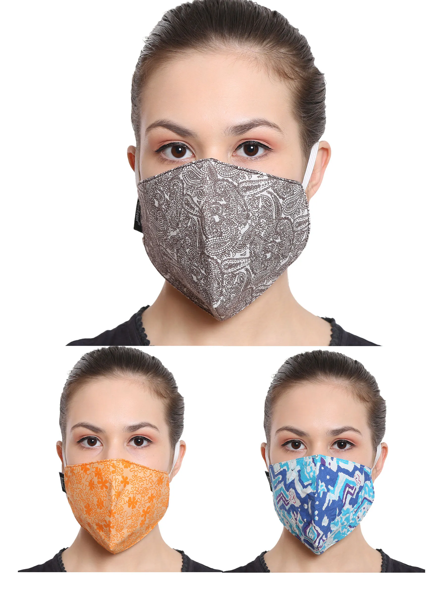 Anekaant Multicolor 3-Ply Reusable Cotton Fabric Fashion Mask (Pack Of 3)