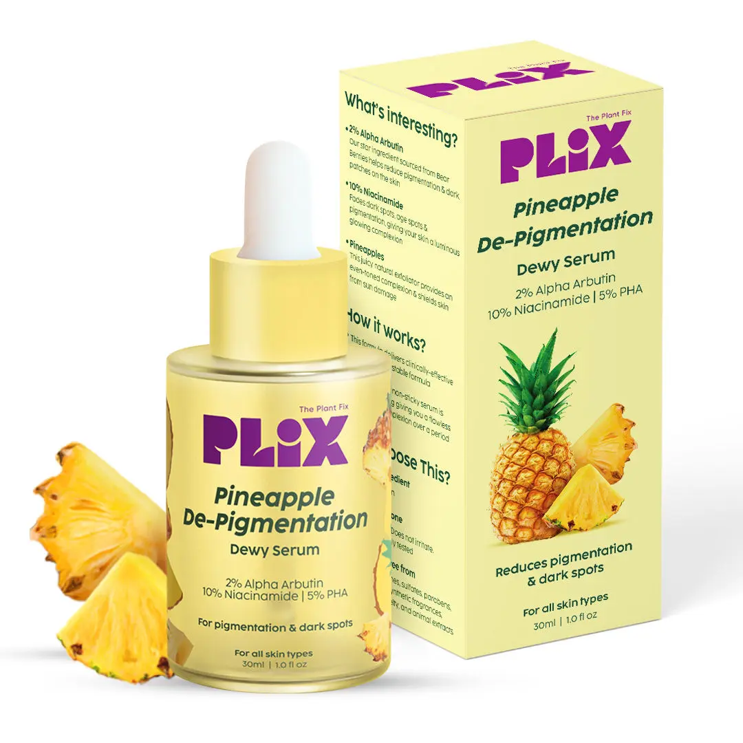 PLIX 2% Alpha Arbutin Pineapple De-Pigmentation Dewy Face Serum for pigmentation & dark spots removal | For women & men with 10% Niacinamide, 5% PHA | Brighter, even-toned skin | 30 ml