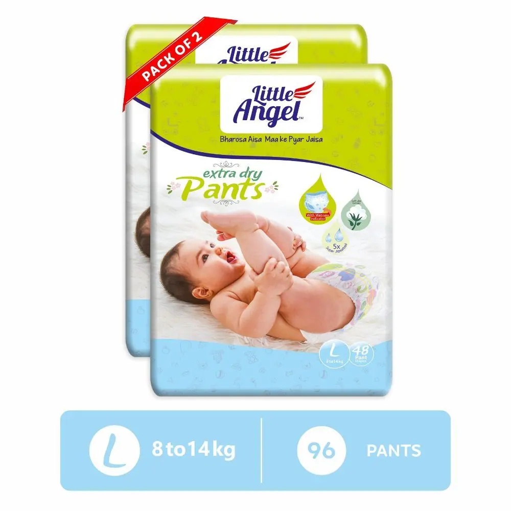 Little Angel Extra Dry Baby Pants Diaper, Large (L) Size, 96 Count, Super Absorbent Core Up to 12 Hrs. Protection, Soft Elastic Waist Grip & Wetness Indicator, Pack of 2, 48 count/pack, 8-14kg