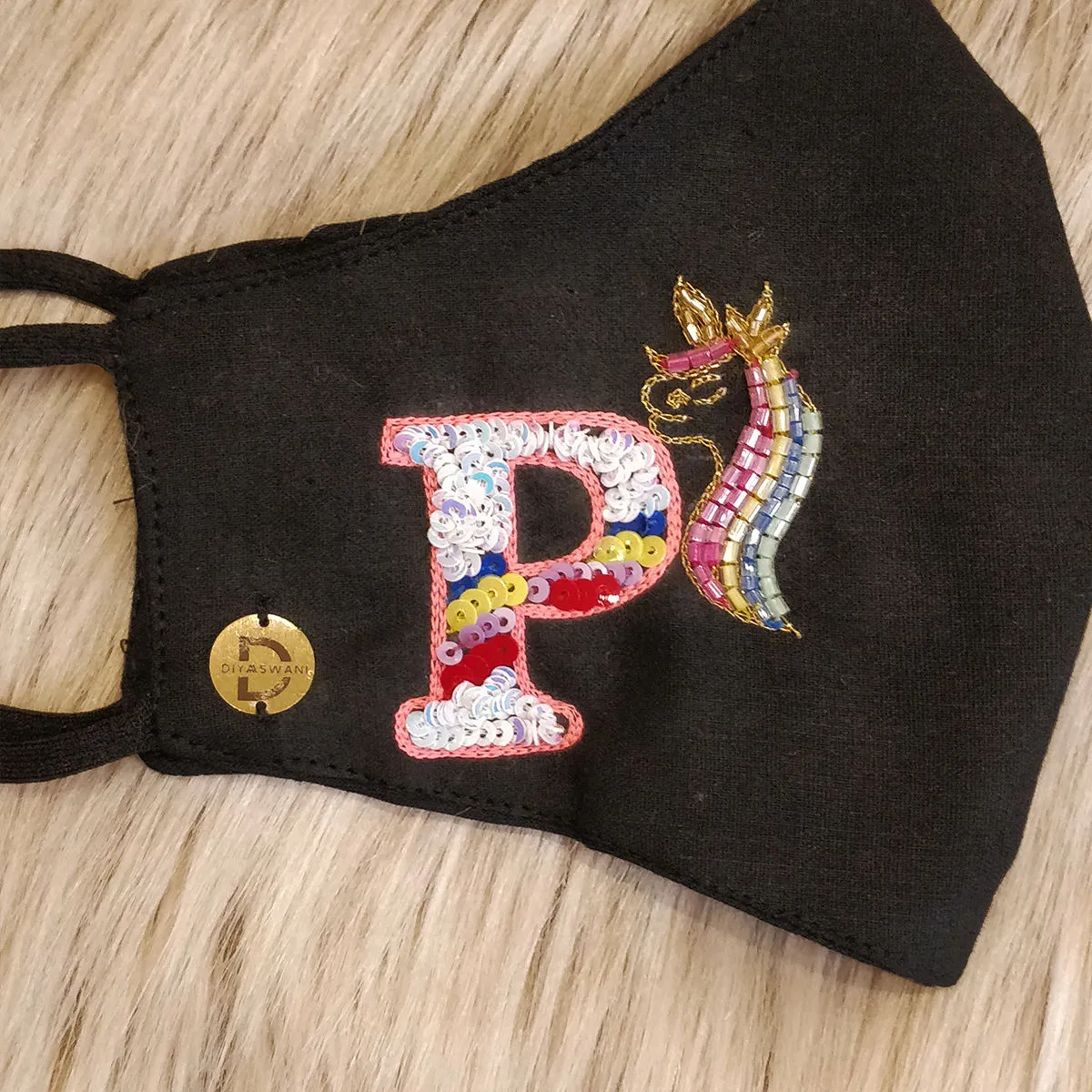 Diya Aswani Black Unicorn Themed Mask Letter P