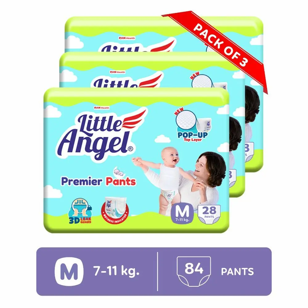 Little Angel Premier Pants Baby Diapers, Medium (M) Size, 84 Count, Combo Pack of 3, 28 Count/pack with Wetness Indicator, 7-11 Kg