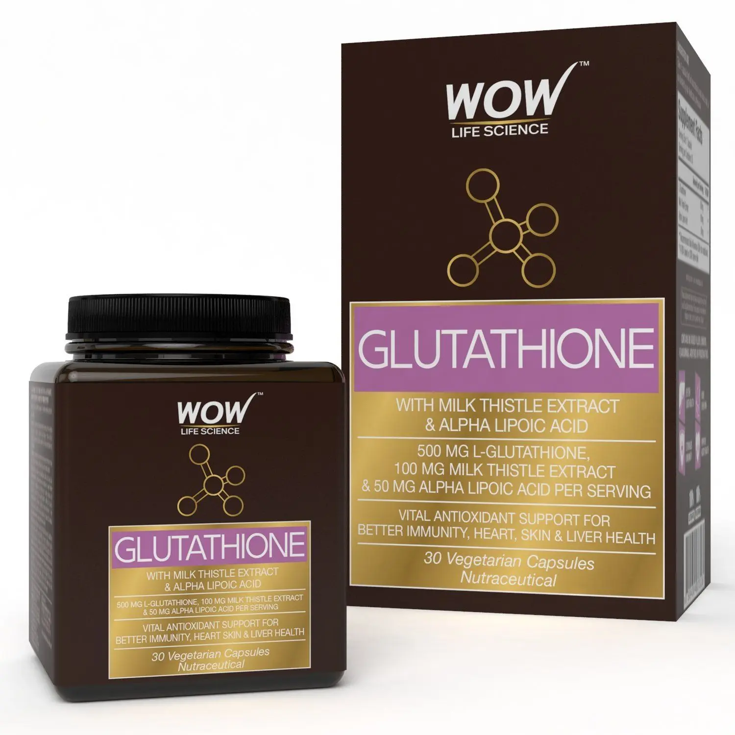 WOW Life Science Glutathione Capsules 500mg with Milk Thistle Extract -Immunity/Skin Lightening/Skin Brightening - 30 Vegetarian - 30 Capsules 500mg