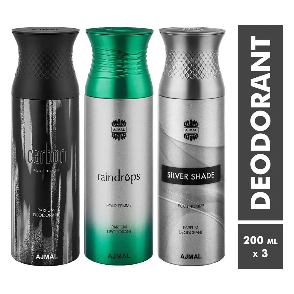 Ajmal Carbon, Raindrops & Silver Shade Parfum Deodorant For Men and Women - Pack Of 3