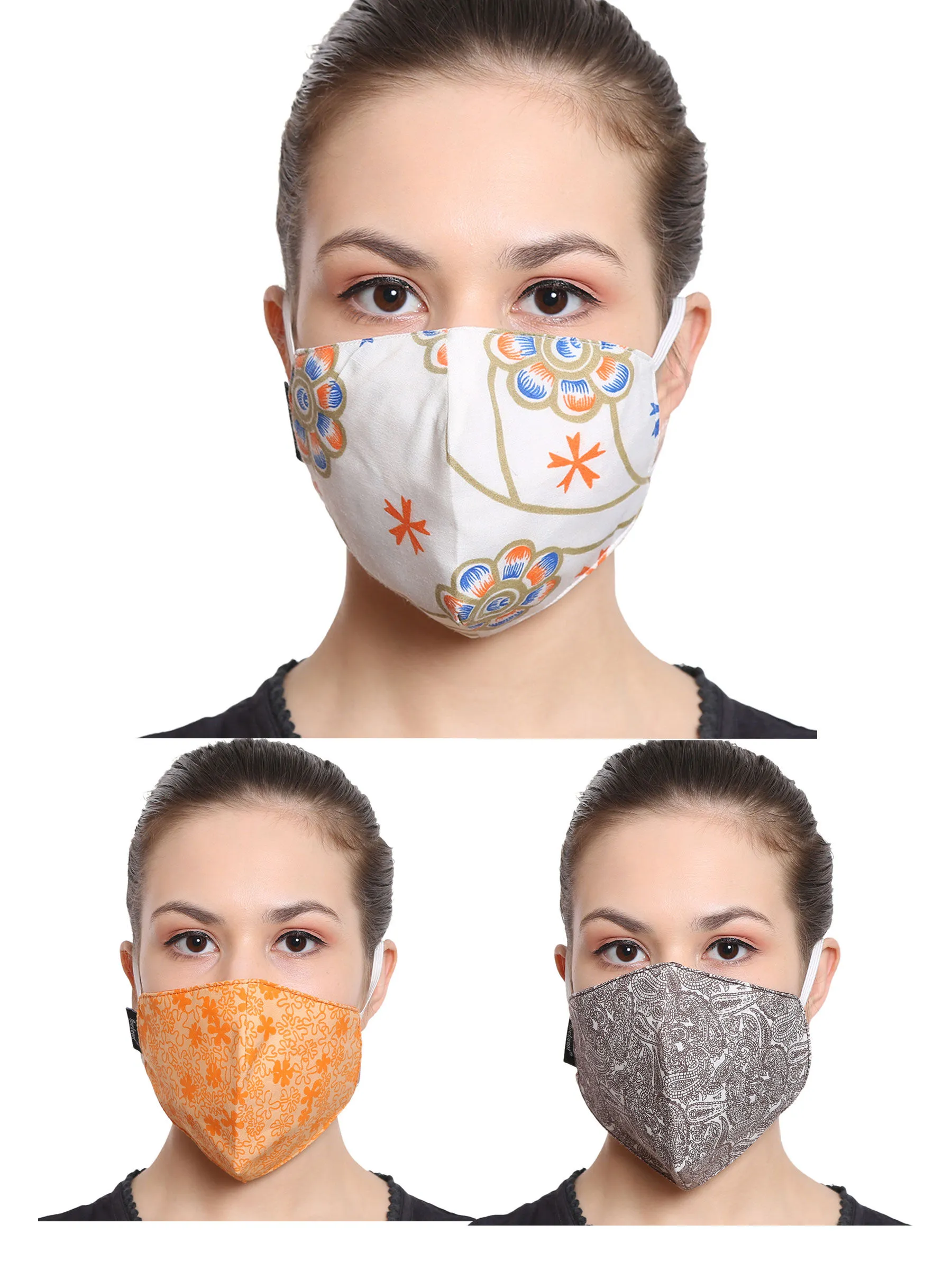 Anekaant Multicolor 3-Ply Reusable Cotton Fabric Fashion Mask (Pack Of 3)