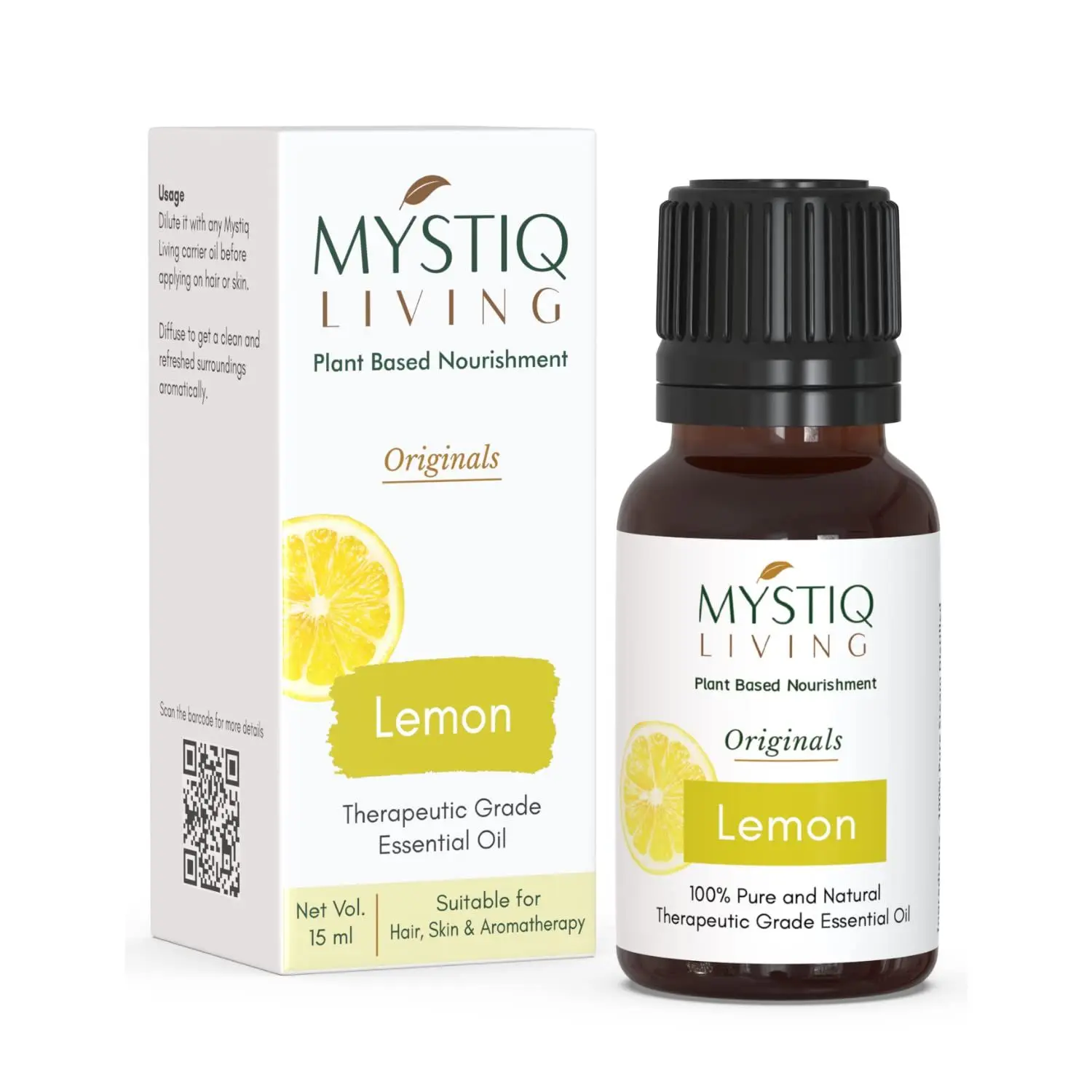 Mystiq Living Originals - Lemon Essential Oil 100% Pure, Natural, Undiluted & Therapeutic Grade for Hair Dandruff, Aromatherapy, Skin Pigmentation & Lightening - 15ml