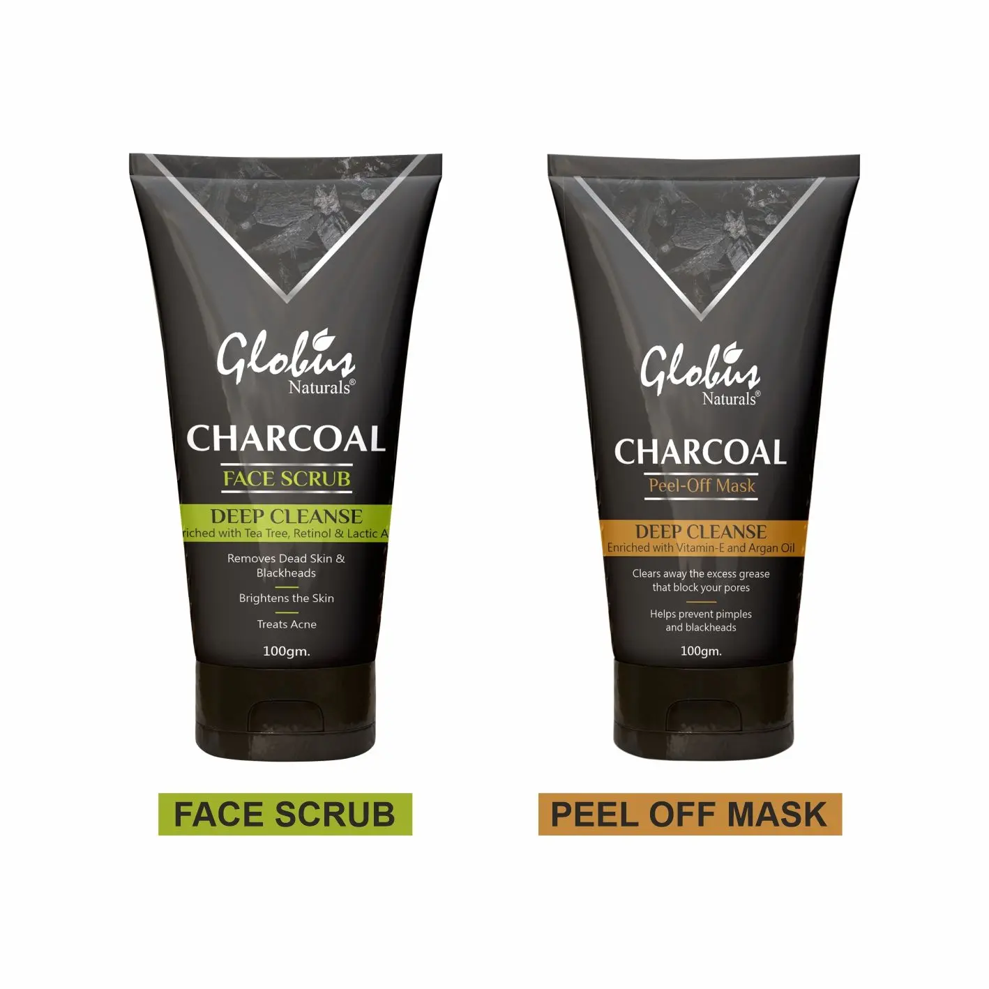 Globus Naturals Charcoal Detoxifying Combo Kit for Exfoliation, Anti-acne & Pimples, Blackhead Removal for Men & Women| Face Scrub & Peel Off Mask (2 Items in the set)